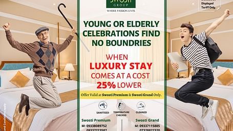 Student Senior Citizen Offer poster with an old and a youth jumping 