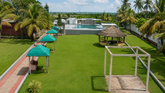 Elevated view of the lawn and rooftop pool at Pride Elite Mandarmani with a thatched gazebo, teal canopy seating, and tall palms on either side.