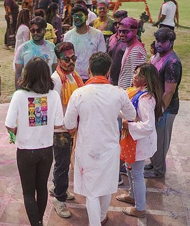 People gathered for Holi celebration at Nirvana Luxury Hotel, Ludhiana.