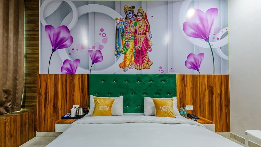 front view image featuring a double bed at Lime Tree Hotels and Banquet Vrindavan in Brij Royal Deluxe Room