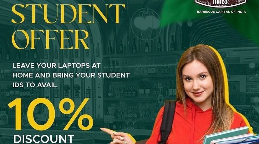 A creative image of a Student offer advertising 10 percent discount at Themis Barbecue House, NSP Pitampura