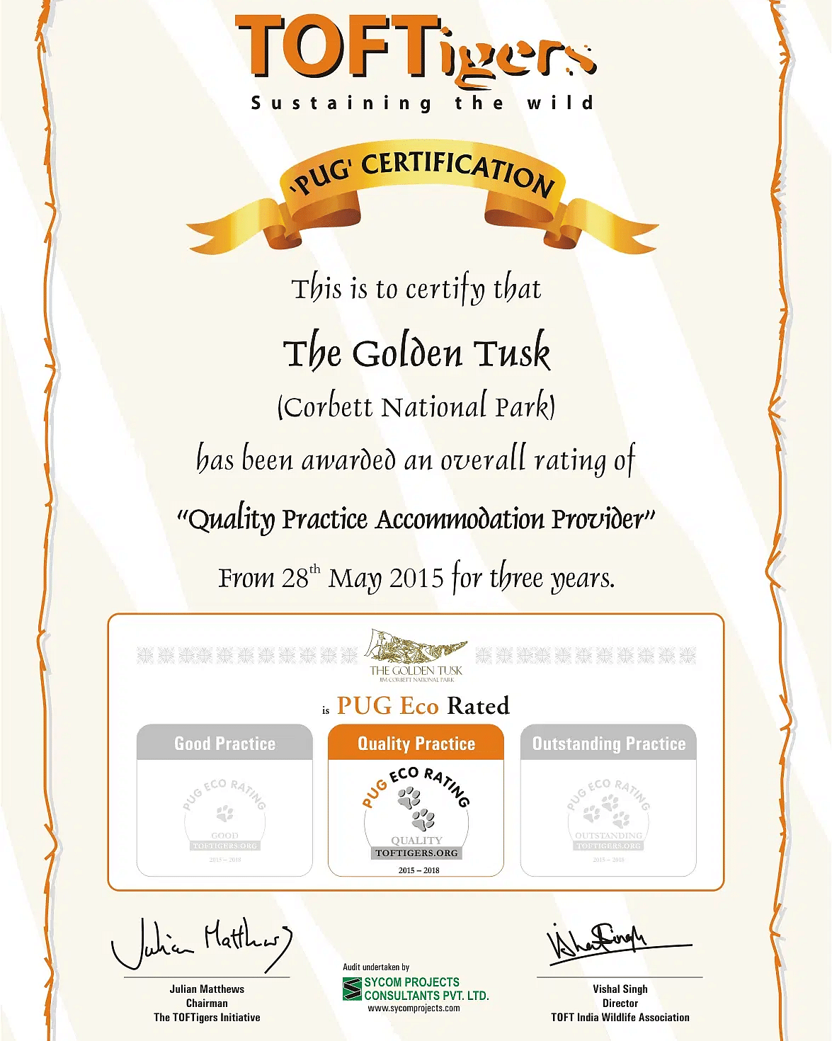 A certificate certifying the Golden Tusk Resort  for quality practice accommodation provider by TOFTigers.