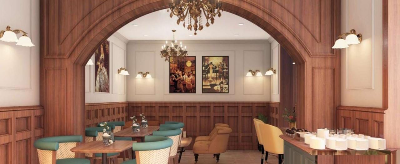 Elegant restaurant or hotel dining area featuring dark wood panelling, an arched doorway, and teal and mustard seating at BluSalzz Terrah Hills Resort, Dalhousie.