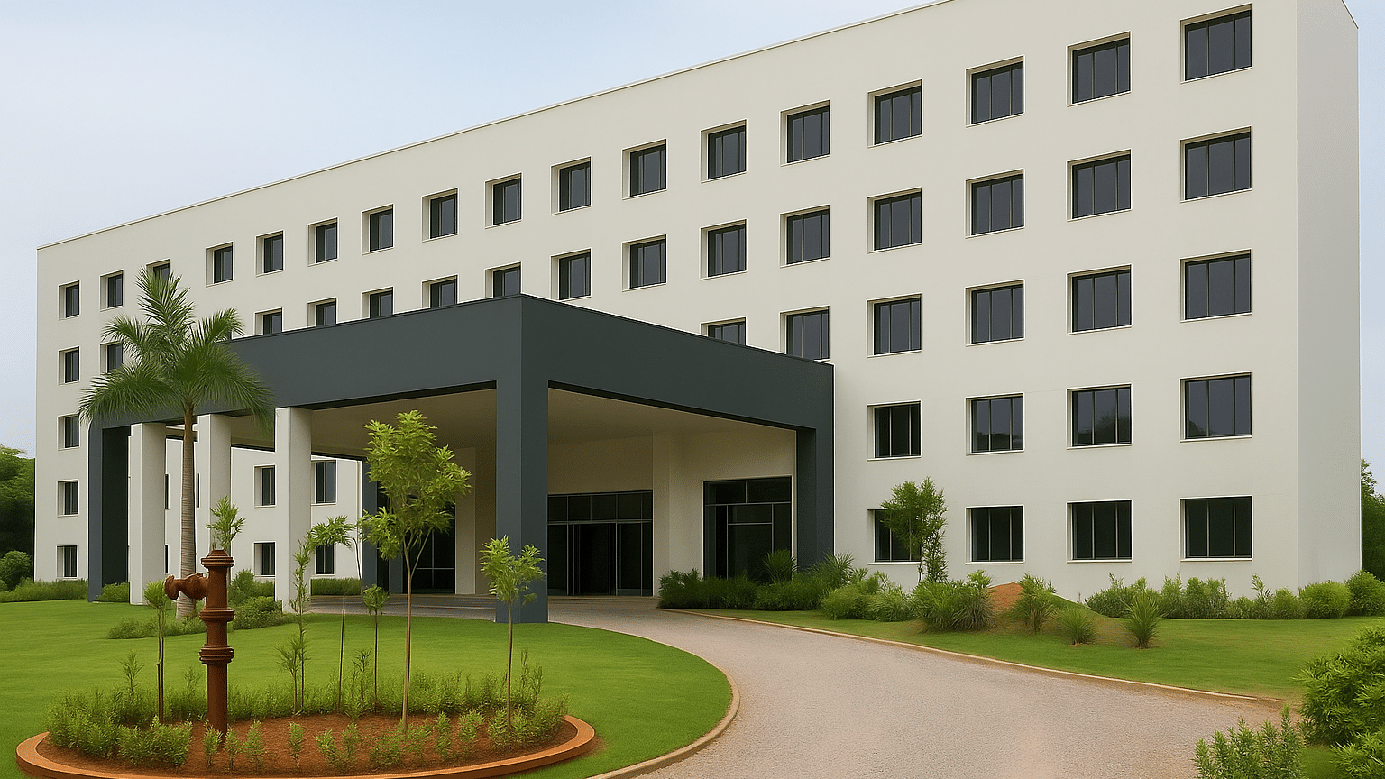 A modern, multi-story white building with a prominent dark gray entrance canopy and a landscaped circular driveway in front | Sarovar Portico, Sriperumbudur