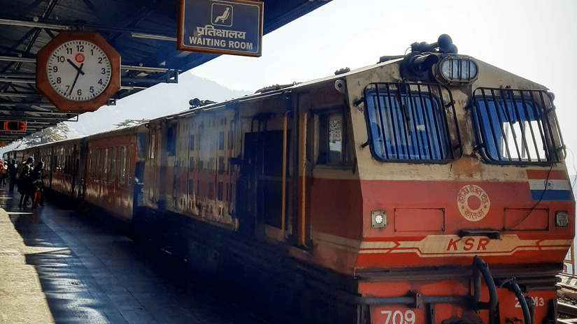 A train seen on a platform in a railway station