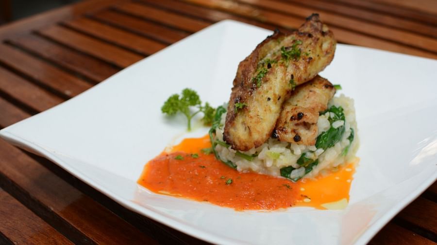 Char grilled fish with spinach risotto and tomato pepper coulis