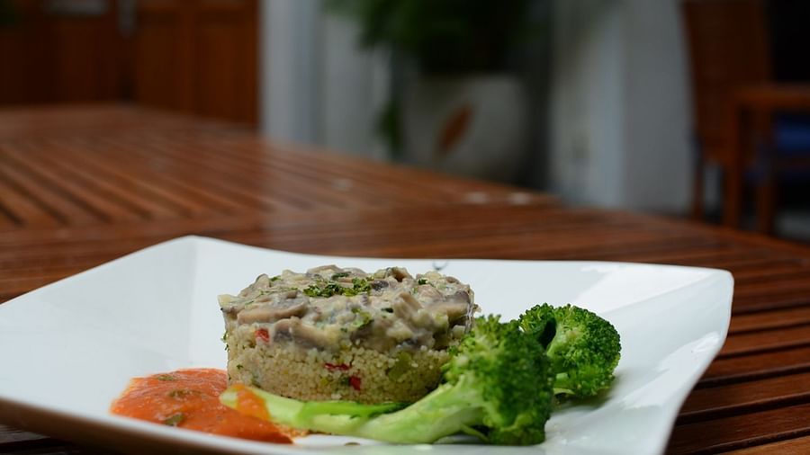 Couscous with mushroom ragout and tomato basil coulis