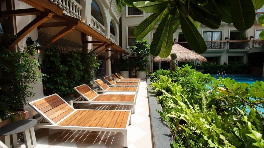 Side view of several sun loungers kept outside overlooking the green plants in front of it at The Evren, Vagator. 