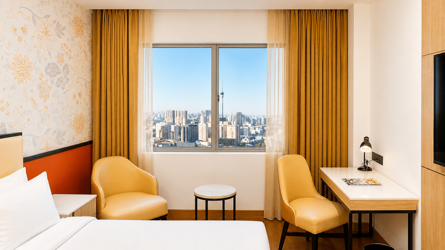 Superior Twin Room at Pride Premier Greater Noida featuring a bed, an armchair, a writing desk with a chair, and a window with curtains overlooking a city.