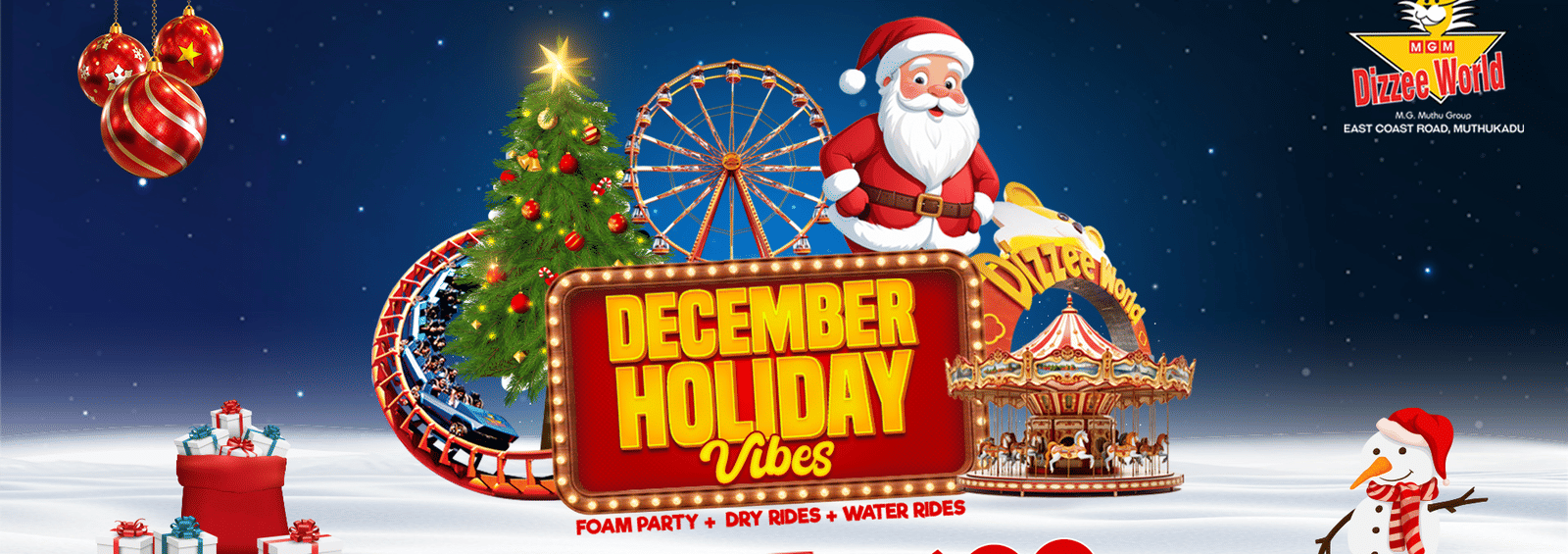 Festive December Holiday Vibes offer at MGM Dizzee World showcasing Rs 699 Jumbo Package with foam party, dry rides, and water rides highlighted.