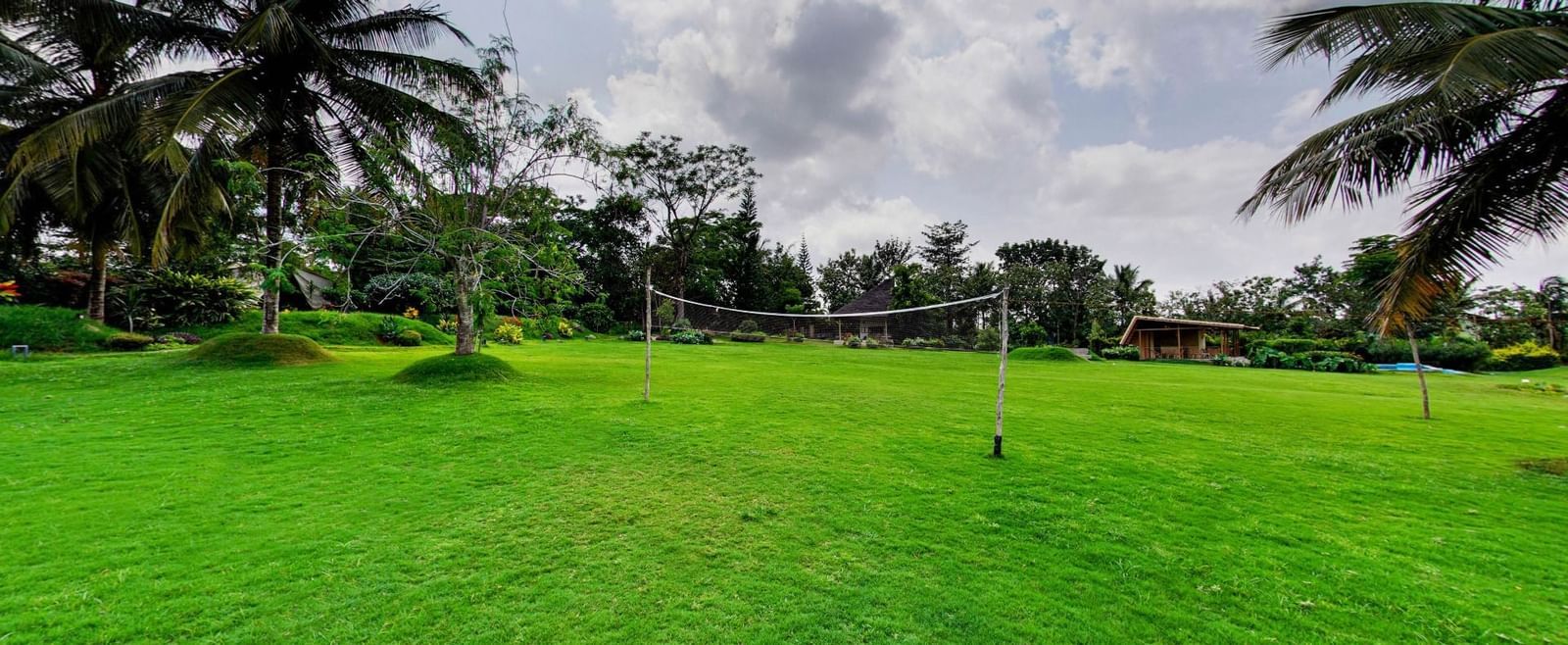 Green lawn with a volleyball net, bordered by palm trees and flowering shrubs, with a water sprinkler in use at Fireflies Resorts, Kabini. 