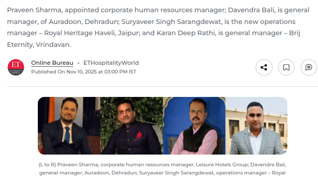 A snippet of a news article titled ‘Leisure Hotel Group strengthens its leadership with key appointments,’ showing a header, publication details, and a row of four professionally dressed men in formal attire.