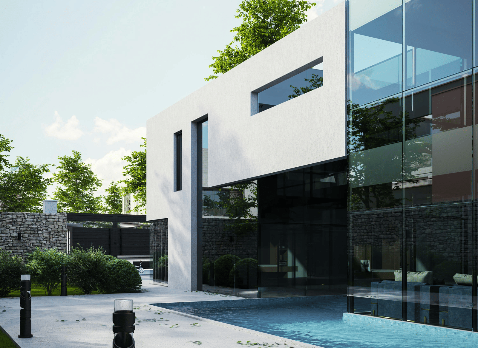 Contemporary apartment building with a sleek outdoor pool.