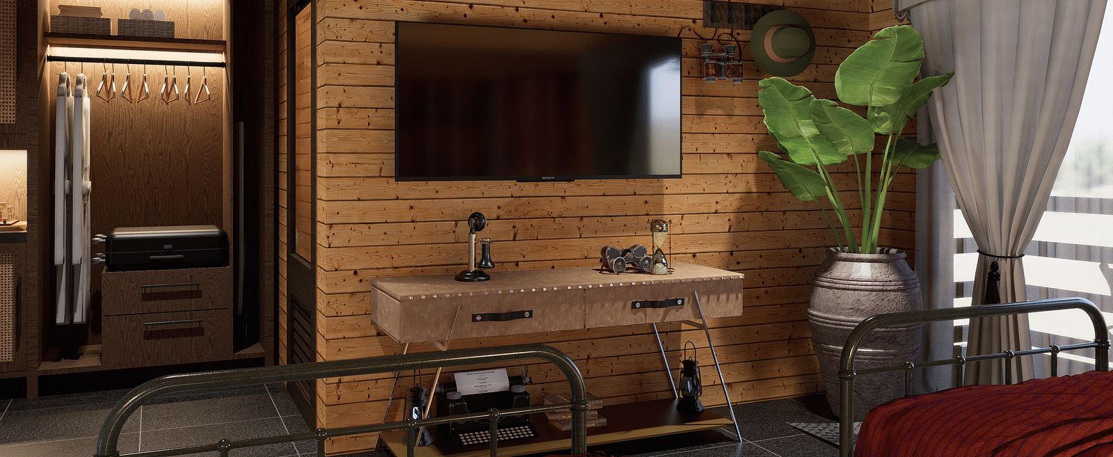 A bedroom with twin beds, a television, a ceiling fan, a wardrobe, and a plant in a vase - Rhino and River BluSalzz Collection, Pobitora