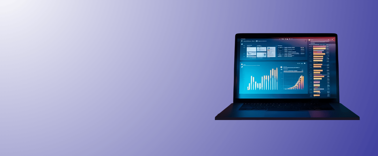 A laptop displaying financial charts and data on its screen, set against a vibrant purple and white gradient background.