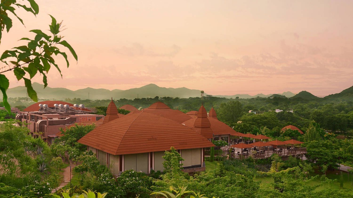 Aerial sunset view of Ananta Udaipur resort