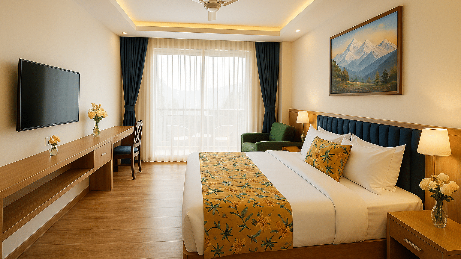 Side view of King Executive View Room With Balcony featuring a cosy bed, wall-mounted TV, and a large window at Summit Norling Resort & Spa, Gangtok