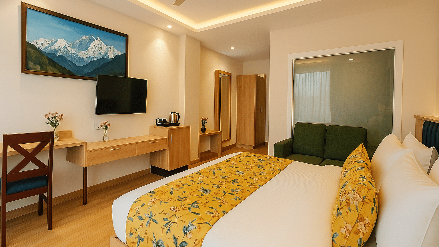 Side view of King Executive Room with a cosy king sized bed, wall-mounted TV, and elegant ceiling design at Summit Norling Resort & Spa, Gangtok