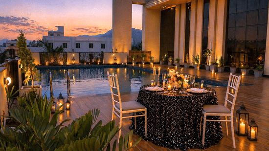 decorated chairs placed with a table infront of a swimming pool in a rooftop at Pride Premier Alwar.