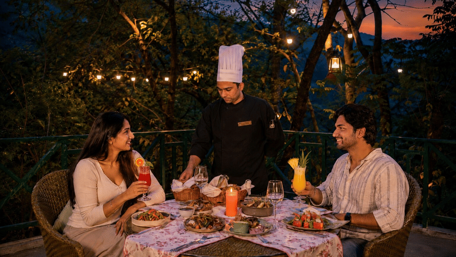 A chef serving drinks and food to a couple on a illuminated terrace at Neemrana's Glasshouse on The Ganges - 21st Century, Rishikesh.