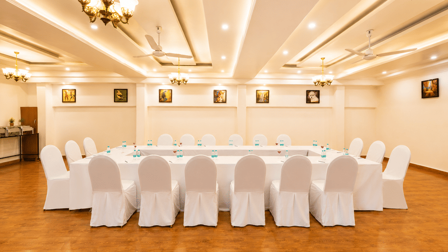 Banquet hall with elegant seating arrangement for special occasions at Pride Ashiyana Resort Mussoorie.