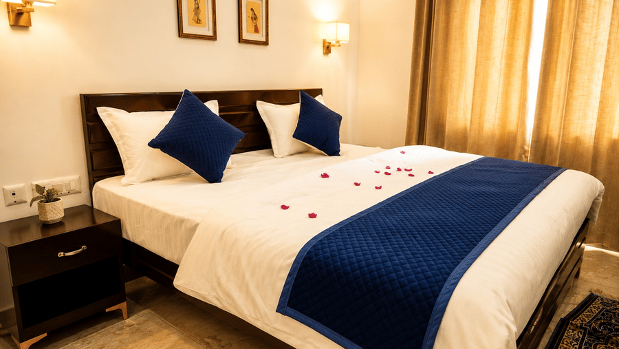 Room with a king size bed, blue accents and warm lighting.