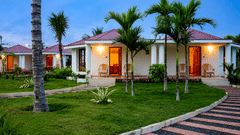 Poolside Cottage exterior surrounded by palm trees and lush green lawns at Chariot Beach Resort, offering a serene evening ambiance.