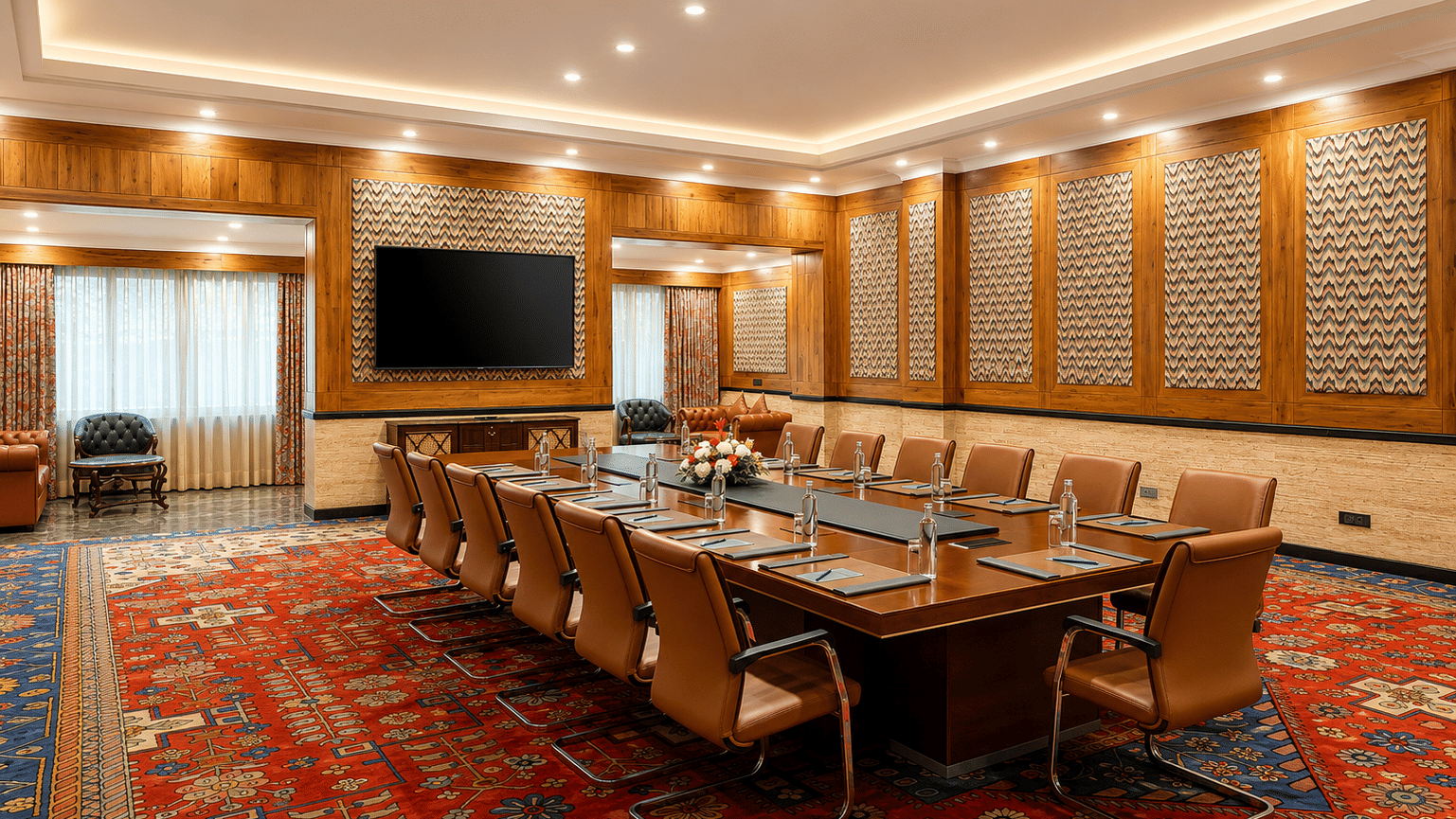 Boardroom with wooden table and wall-mounted TV at Mayfair Oasis Resort, Jharsuguda