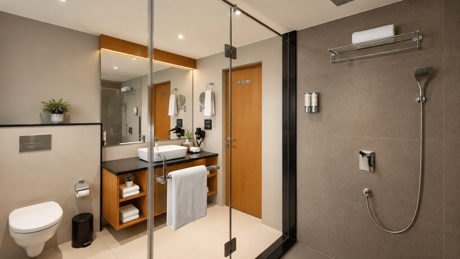 A contemporary bathroom with a glass shower cubicle at BluSalzz Collection - Casa Onze, Arpora.