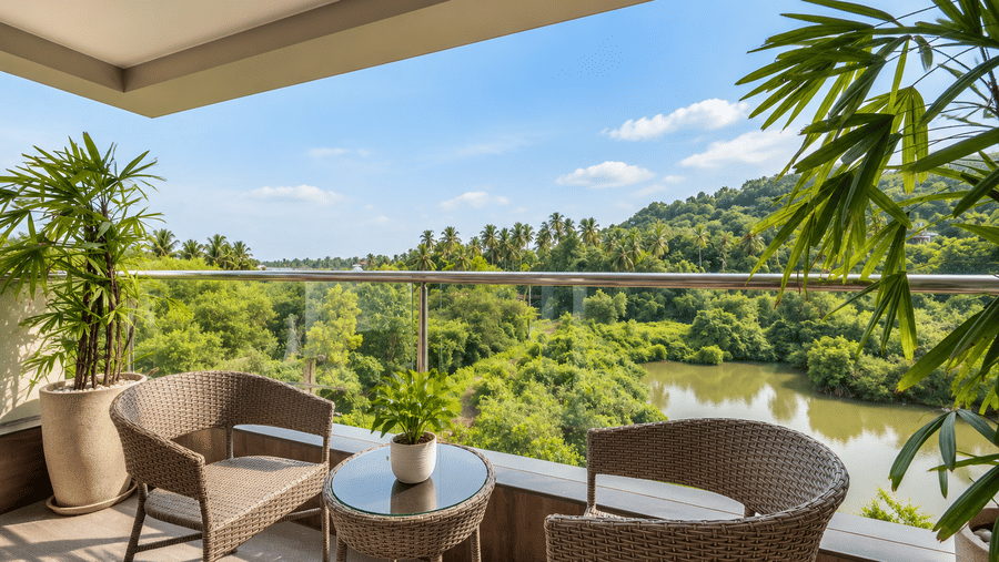 A private balcony with chairs looking over lush greenery at BluSalzz Collection - Casa Onze, Arpora.