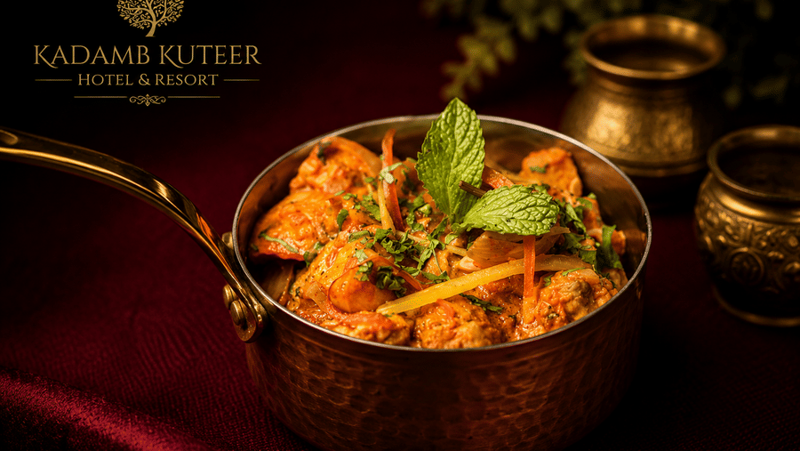 Chicken curry served in a brass pot on a branded placemat at Kadamb Kuteer, Vrindavan.