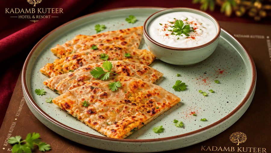 Stuffed paratha served with raita and garnish on a branded placemat at Kadamb Kuteer, Vrindavan.