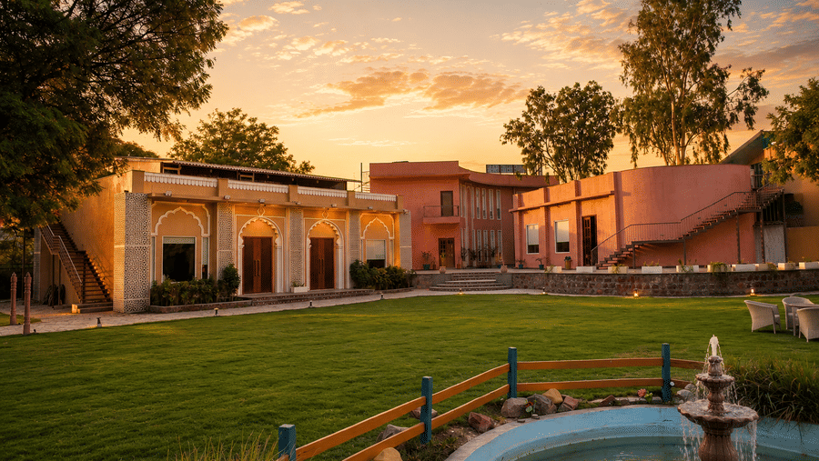 Property exterior with a fountain, garden pathway, and a warm sunset sky at Kadamb Kuteer, Vrindavan.