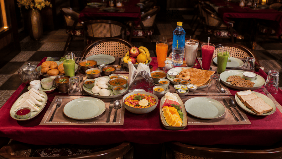 Overhead view of a restaurant table with multiple dishes and drinks at Kadamb Kuteer, Vrindavan.