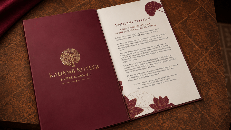 Branded restaurant welcome card placed on an open folder at Kadamb Kuteer, Vrindavan.