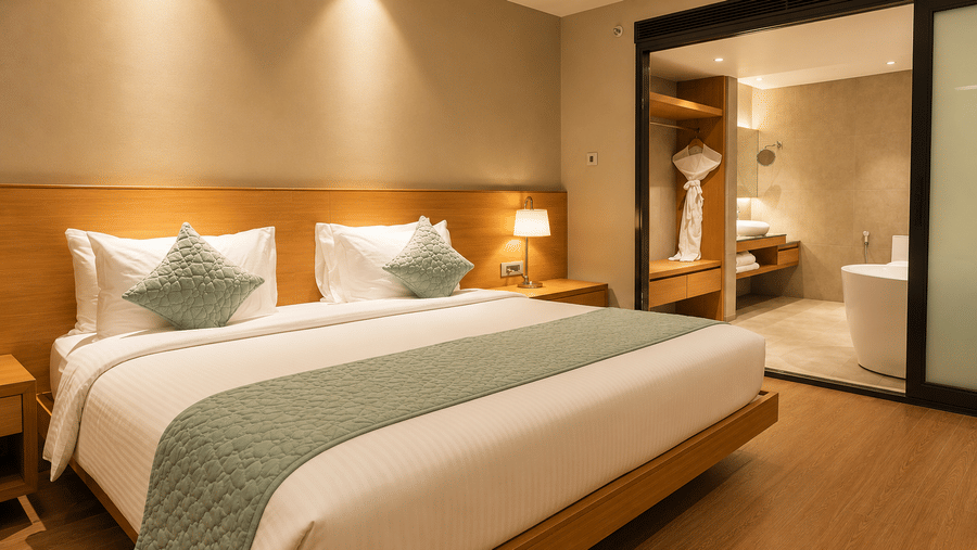 Elegant bedroom with double bed and ensuite bathroom in the Grand Suite at Kiranshree Grand Hotel.