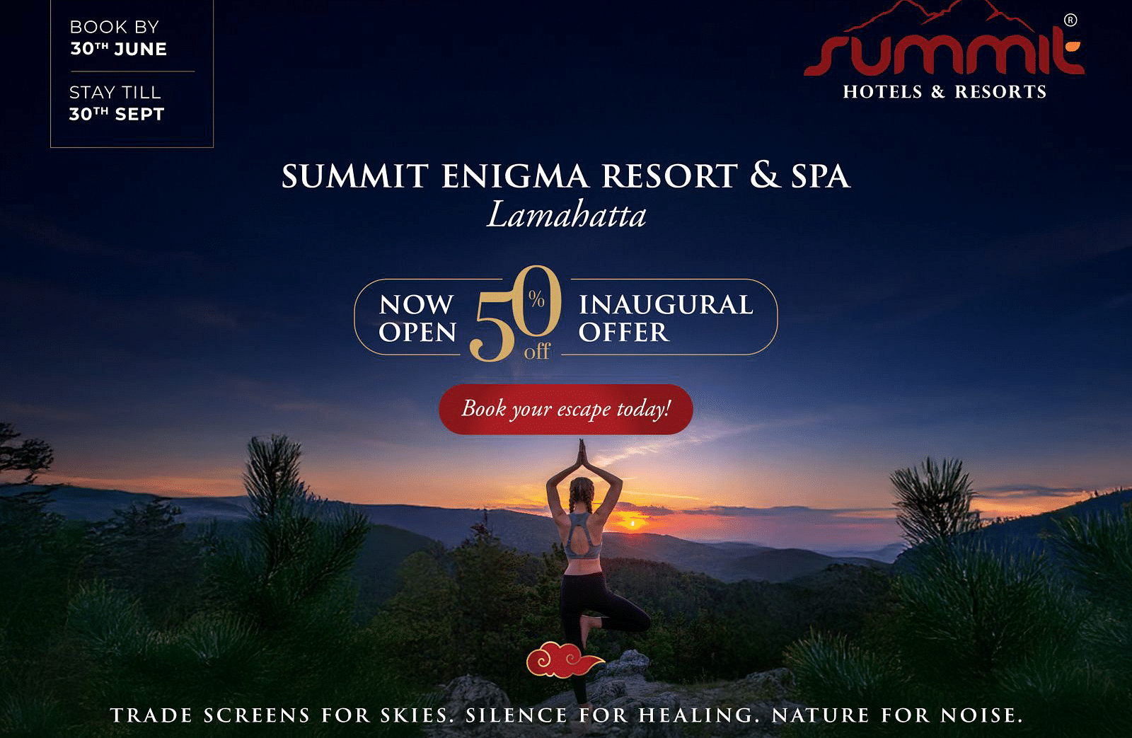 Woman practices yoga at sunrise in the mountains, promoting Summit Enigma Resort Lamahatta’s 50% inaugural offer with tranquil nature views.