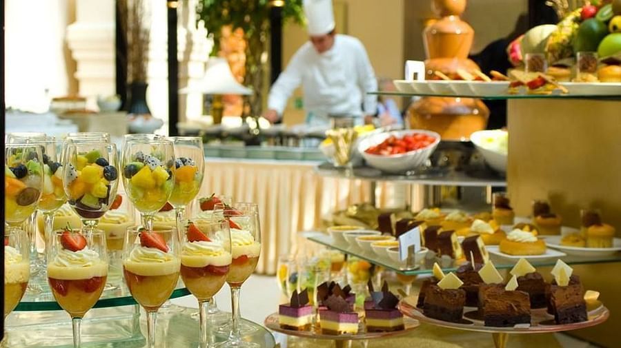 Desserts and puddings stacked decoratively at a Lonavala restaurant and bar - Rhythm Lonavala