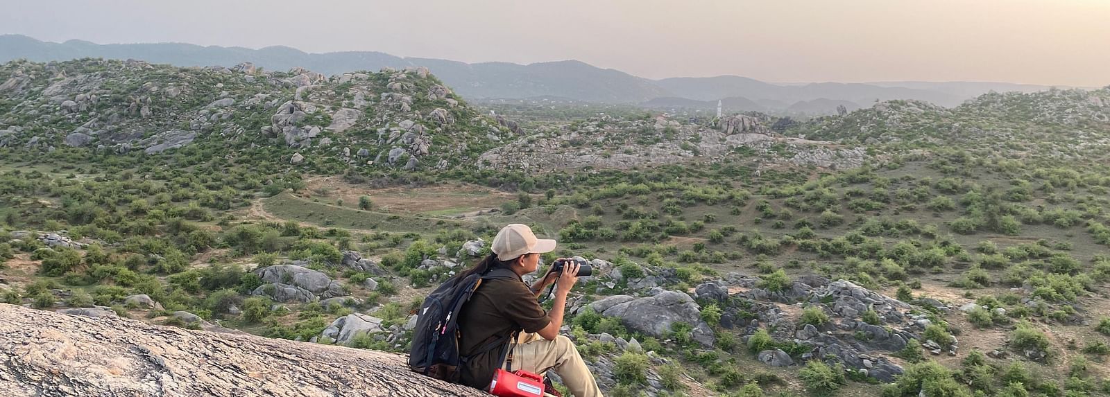 Hiker sitting on a rocky outcrop overlooking a vast green valley during sunrise or sunset.