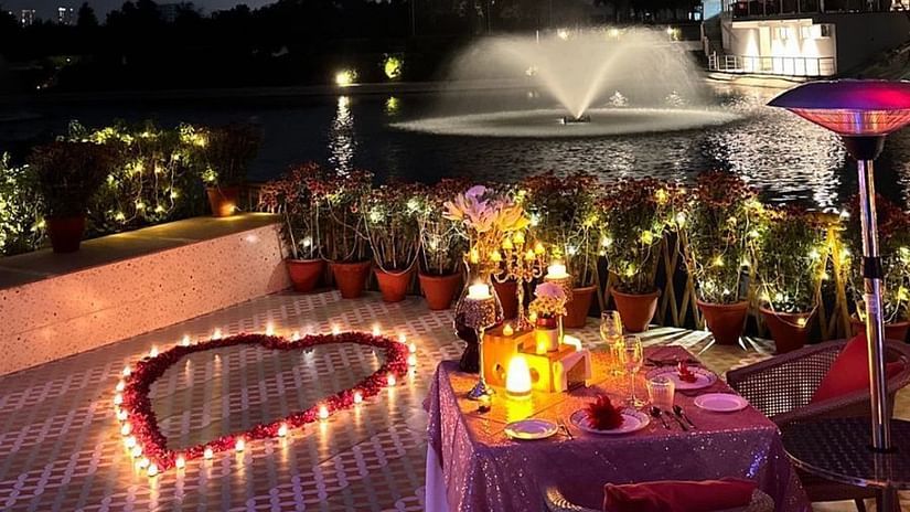 A romantic set up with lights and flowers at Karma Lakelands.