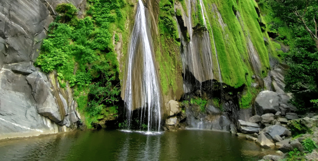 Bheel Beri Waterfalls in Rajasthan featuring water cascading down the rocky mountain surrounded by plants. At the bottom there is a pond where water gets collected.
