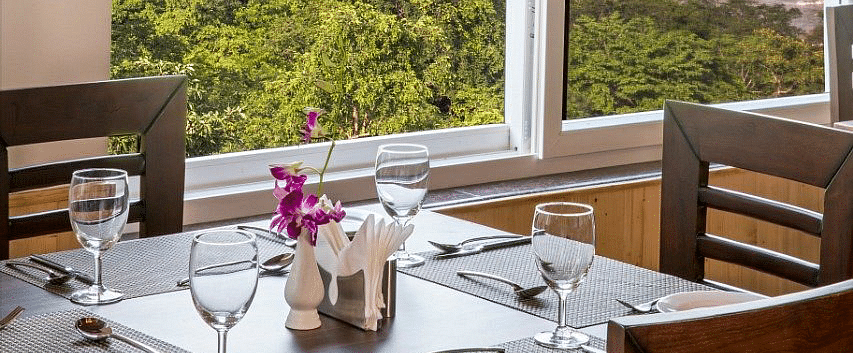 A close up shot of a dining table with table mats and glassware with a huge window behind it at Regenta Inn DLS.