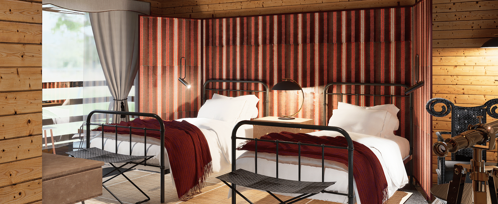 A bedroom with twin beds, a ceiling fan, a striped partition, and a window with curtains - Rhino and River BluSalzz Collection, Pobitora