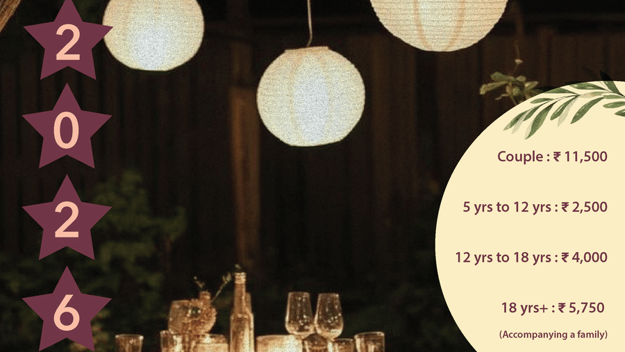 New Year 2026 celebration flyer for Amanvana Spa Resort featuring hanging lanterns, candlelit outdoor dining setup, event prices for families, and highlights like gala dinner, barbeque, bonfire, DJ night, and contact details for booking.