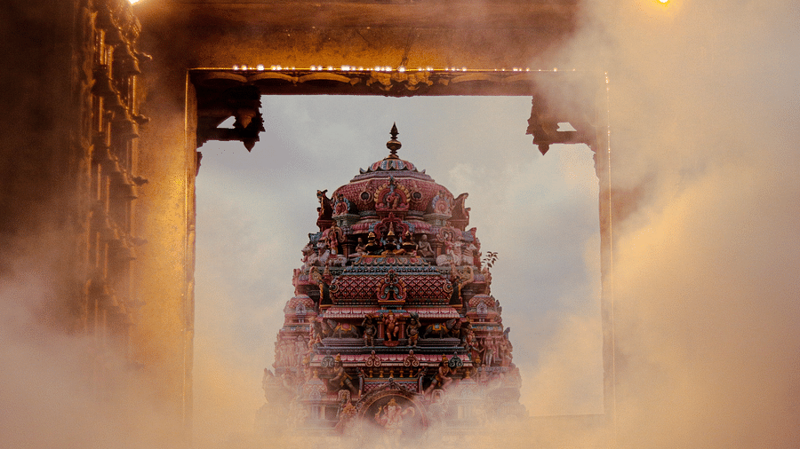 Temple facade in Chennai as seen from inside another building