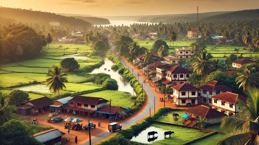 DALL·E 2025-02-12 17.08.44 - A picturesque view of a North Goa village, featuring lush green fields, traditional Goan houses with Portuguese-style architecture, narrow winding roa
