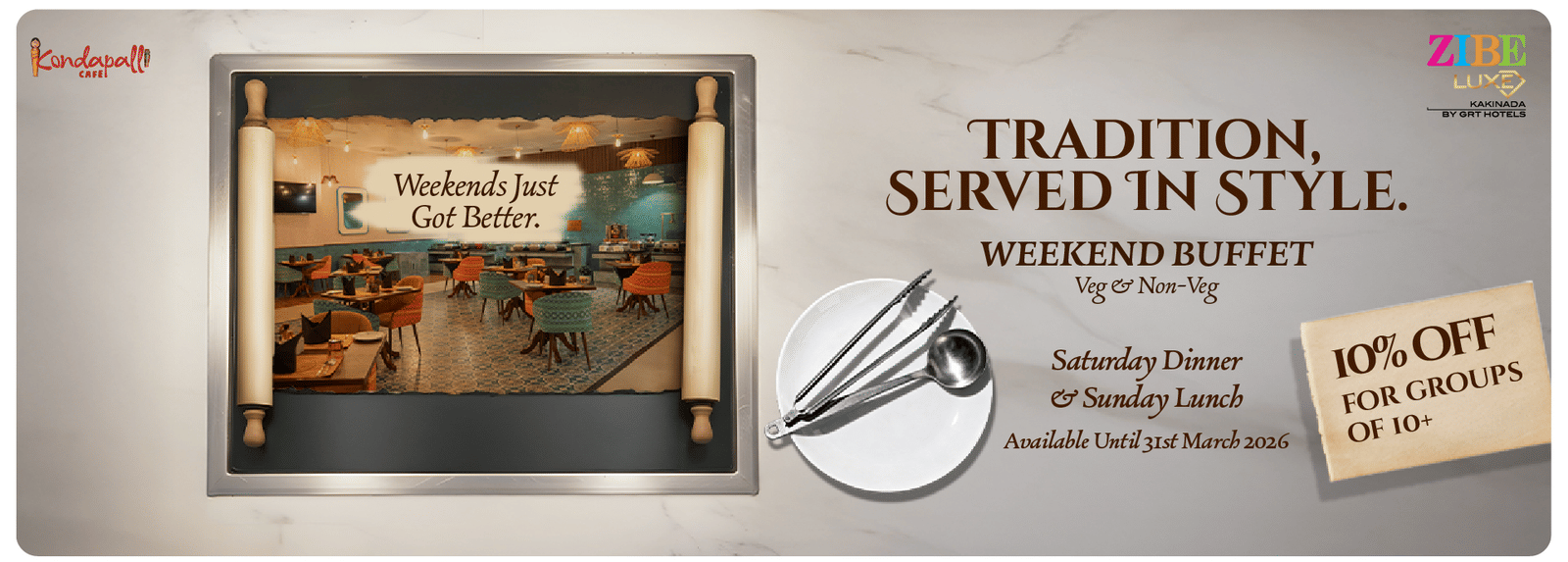 Promotional creative for Kondapalli Café showcasing a weekend buffet offer with veg and non-veg options, group discount details, and an image of the restaurant interior.