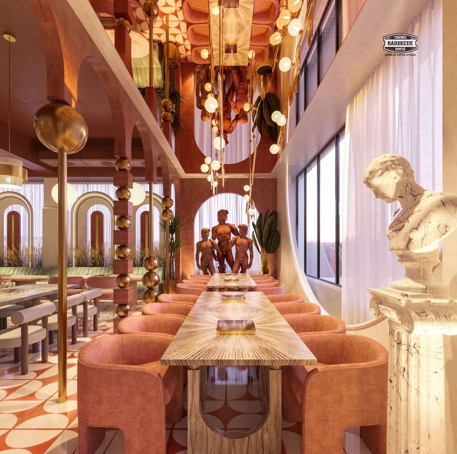 The peach coloured interiors of Themis Barbeque House, Ambala