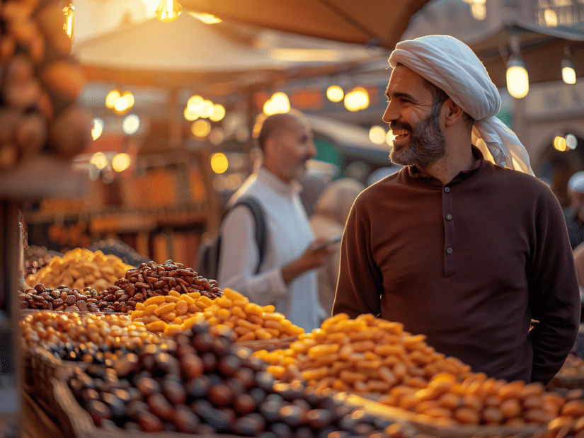 A man looking at a shopkeeper with a display of various dry fruits and spices in the background.