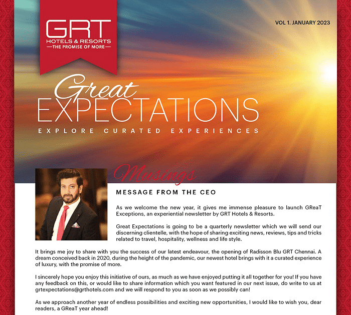 Newsletter by GRT Hotels featuring a message from CEO Vikram Cotah.